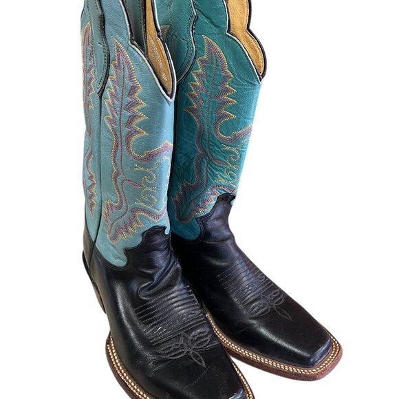 Justin Boots Women's Size 7 C Leather Western Cowboy Boots Teal And Black L2657 - Picture 2 of 8